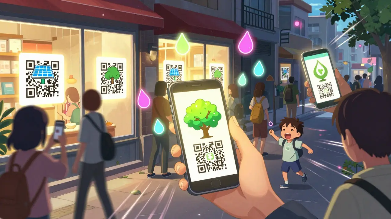 People playing an AR game that turns sustainability actions into glowing digital rewards in a city setting.