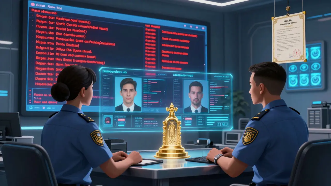 SEC officers review holographic KYC data and a fidelity bond certificate in a high-tech compliance room with cold storage vaults.