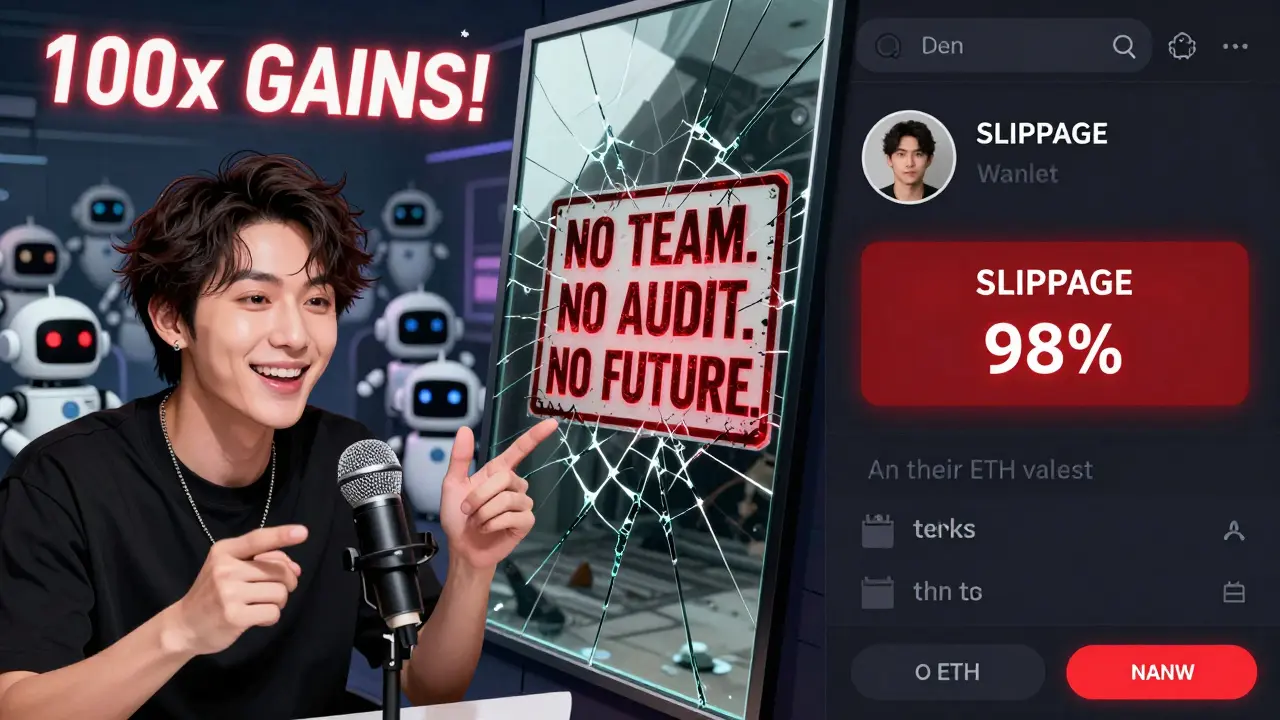 Split scene: a fake influencer promotes ABE on the left, a user loses money on the right, with a warning sign in the middle.