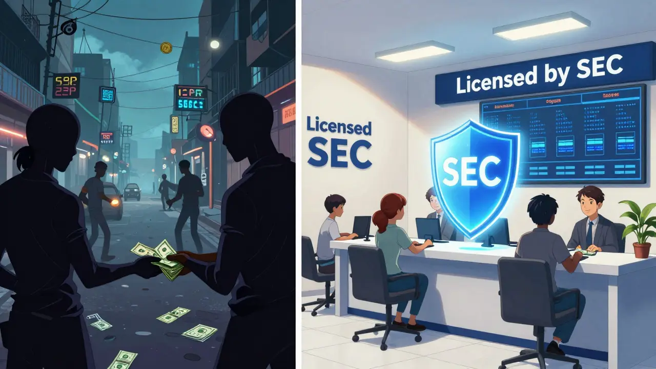 Split scene: chaotic P2P crypto trade on one side, a safe licensed exchange lobby on the other, symbolizing regulation vs. risk.