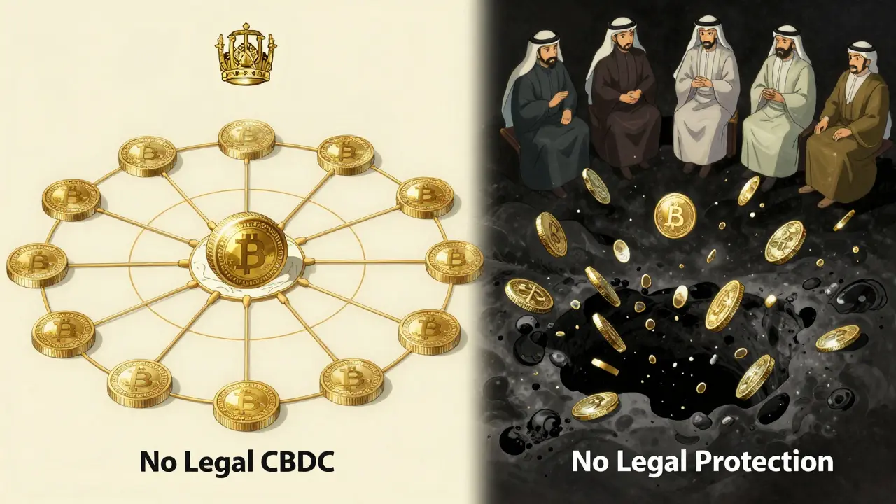 Split scene: regulated digital riyal tokens vs chaotic crypto falling into void.