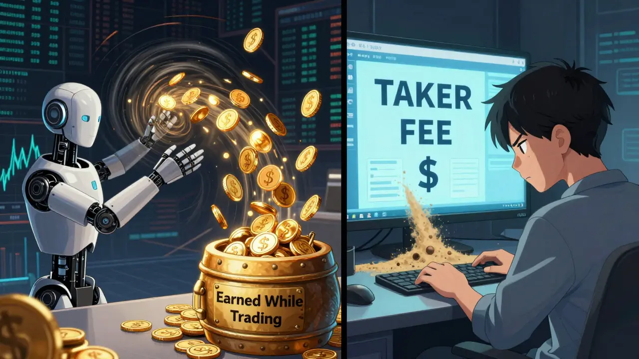 Split-screen anime scene: bot trading with rebates on one side, high fees draining away on the other.