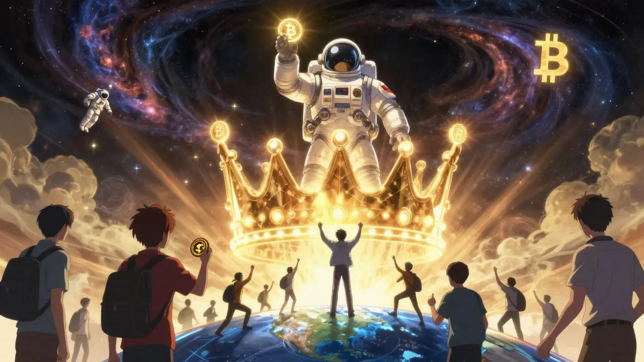 Thousands of Archstronauts forming a crown above Bitcoin’s blockchain, glowing with golden $ARCH tokens.