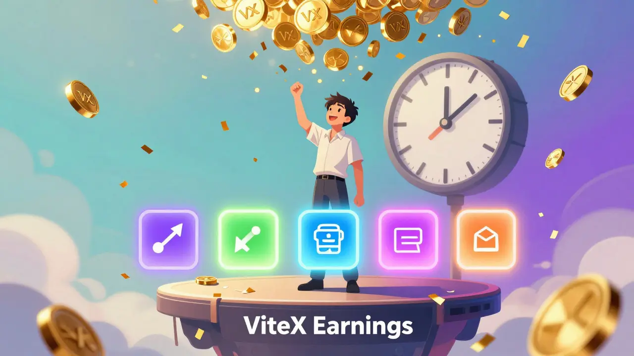 Trader surrounded by falling VX tokens and five earning methods, glowing in vibrant colors.