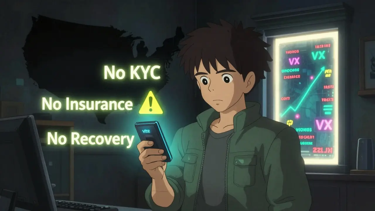 User holding Vite Wallet as U.S. map fades away, with warnings floating nearby in anime style.