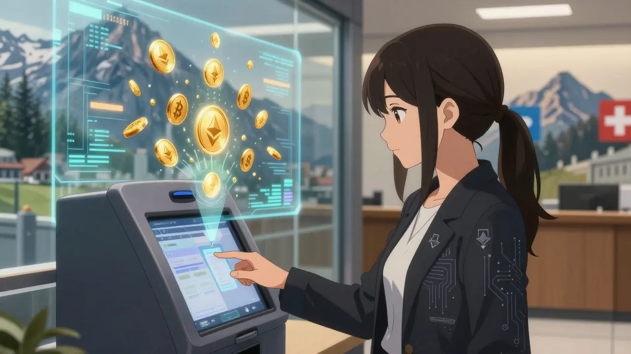 Woman buying Ethereum at a Swiss bank ATM with digital bonds floating in the air, anime style.