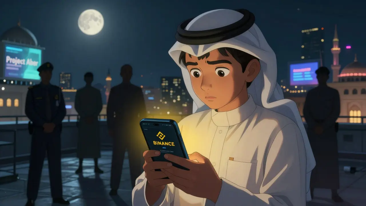 Young person trading crypto on smartphone at night while regulators look away.