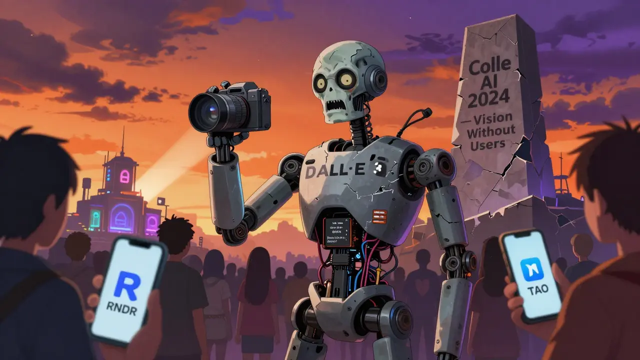 Zombie robot with broken AI tech surrounded by users walking away to better projects.