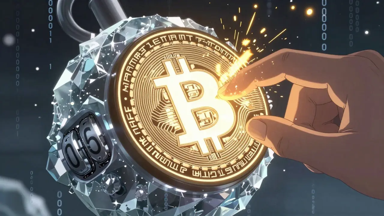 A Bitcoin block header with a glowing nonce being turned like a lock, while failed hashes dissolve into golden dust.