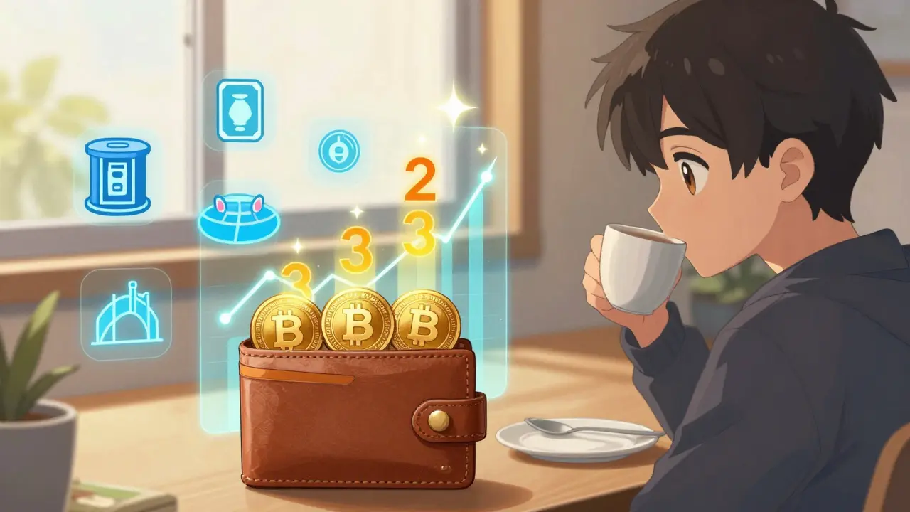 A character watching holographic ankrBNB token balance rise daily, surrounded by DeFi icons like PancakeSwap and lending vaults.