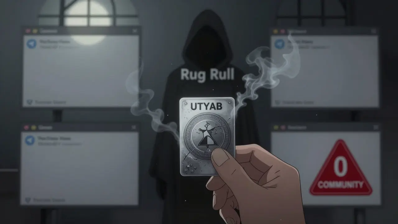 A cracked UTYAB token card in hand as a shadowy figure vanishes into smoke, with empty chat windows in the background.