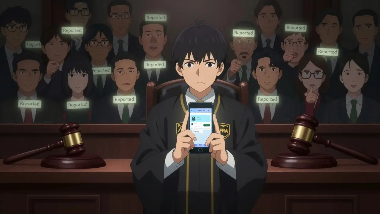 A defendant in court clutching a crypto phone as accusing faces surround them.