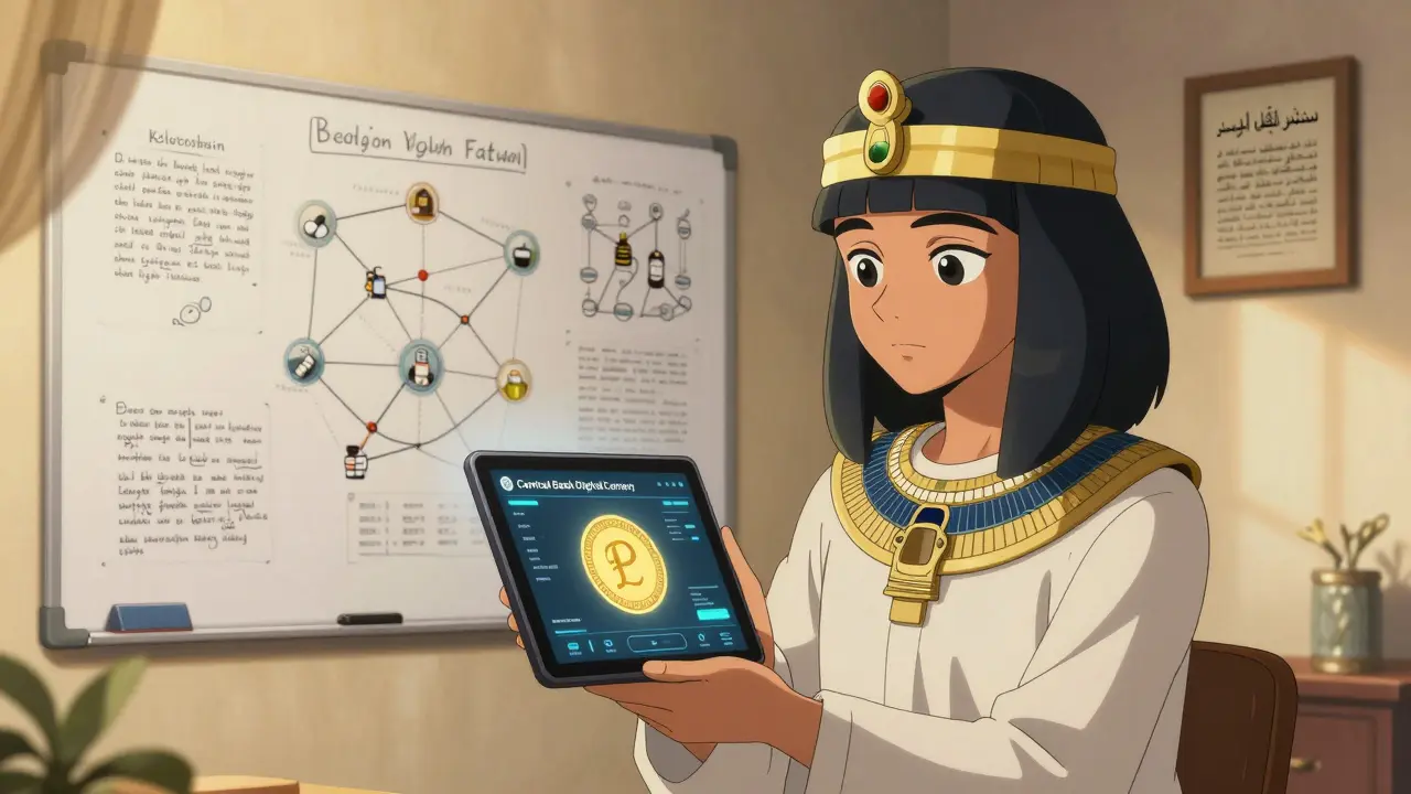 A developer in Cairo working on government blockchain systems for land registry, with a digital Egyptian pound on screen.