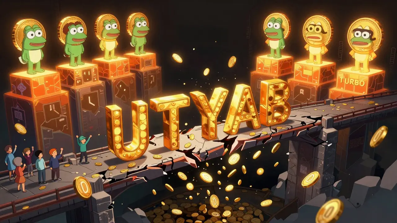 A digital bridge made of tokens collapsing, with UTYAB falling into void while other coins remain stable in the background.