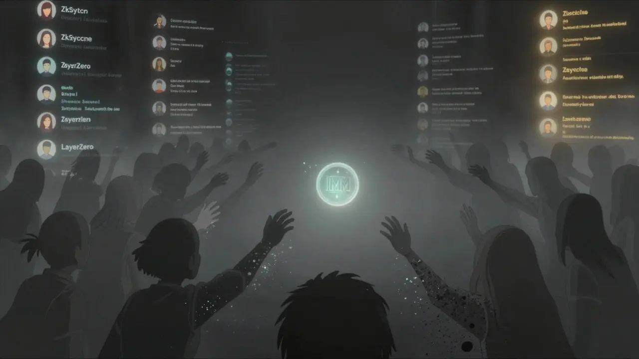 A flickering 'IMM' token in a void as ghostly users reach for it, while real crypto projects shine steadily in the distance.