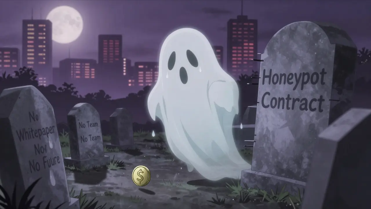 A ghostly ANALOS token hovers above a crypto graveyard with 'No Team' and 'Honeypot' warnings.