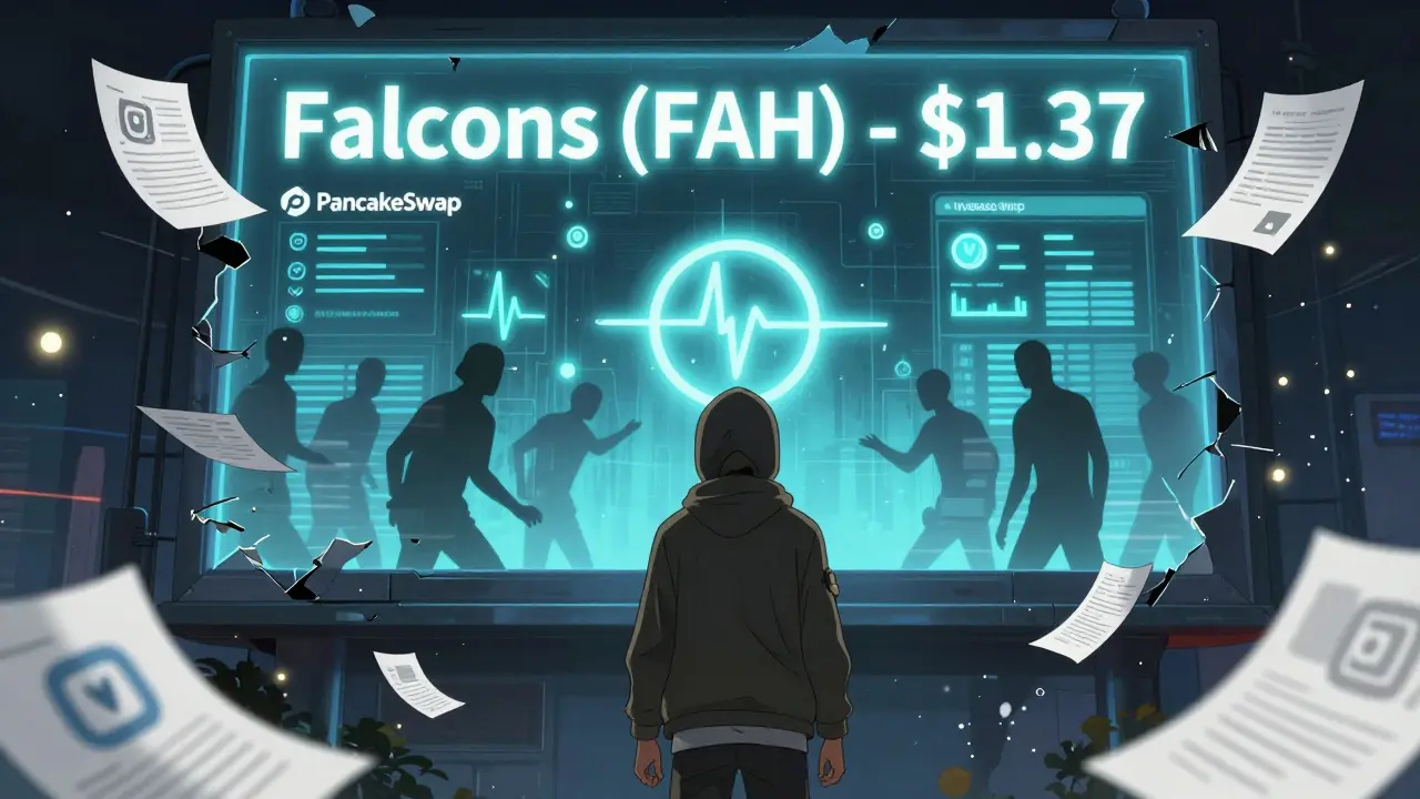 A lone trader faces a crumbling digital billboard displaying FAH prices while shadowy figures trade invisible tokens.