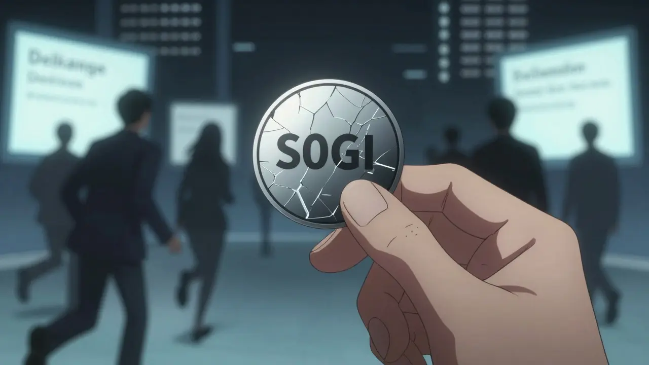A trembling hand holds a cracked social token while shadowy investors flee, with dimming exchange screens in the background.