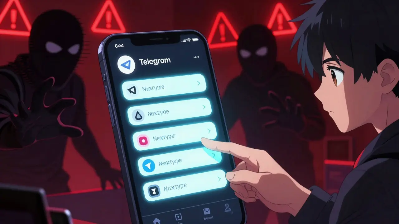 A user connecting their wallet to a fake NEXTYPE airdrop site while shadowy scammers lurk behind.