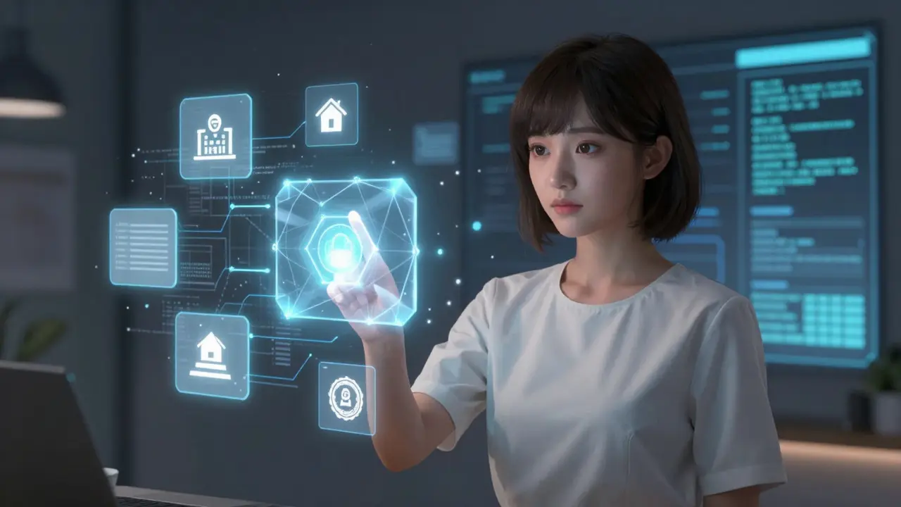 A woman verifies her digital identity through glowing blockchain fragments, with authorized icons lighting up as her credentials are securely checked.