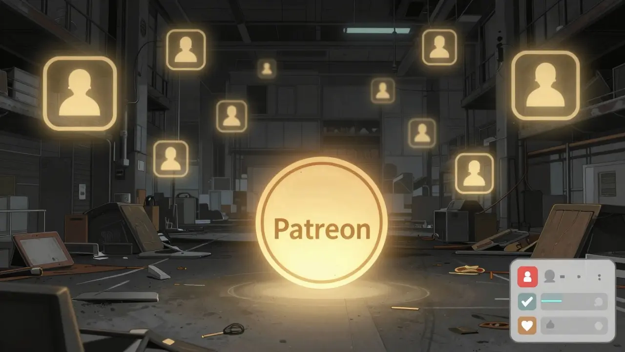 An abandoned digital marketplace with fading tokens, except one glowing token labeled 'Patreon' supported by real utility icons.