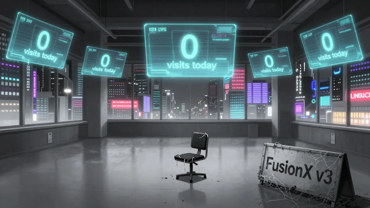 An empty, abandoned crypto exchange hall with a dusty 'FusionX v3' sign and flickering zero-visit screens.
