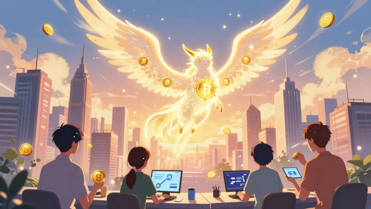 AnkrBNB depicted as a winged celestial creature soaring over a blockchain city, with users actively using it in DeFi protocols.