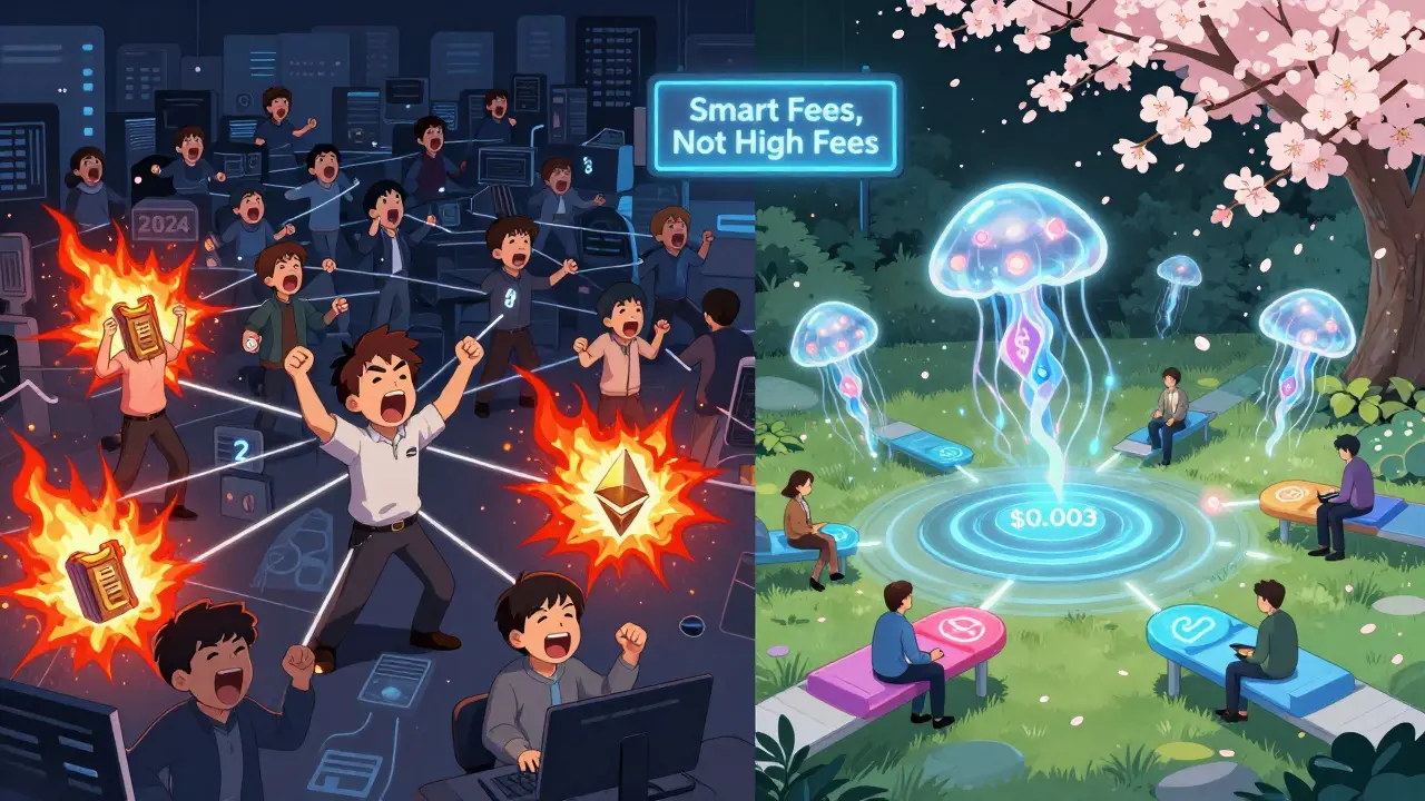 Contrasting scenes of Ethereum's past chaos and present calm, with data blobs and Layer 2 bridges.