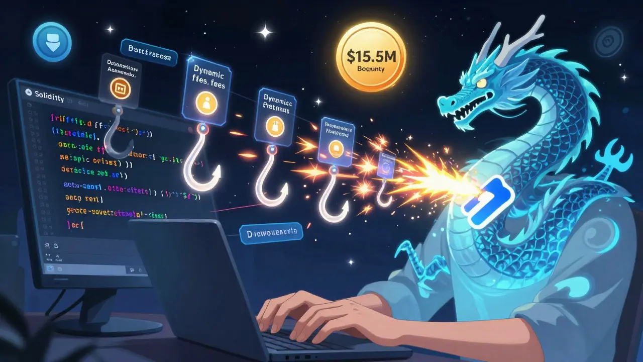 Developer coding hooks that activate on a singleton contract shaped like a dragon, surrounded by audit badges in anime style.