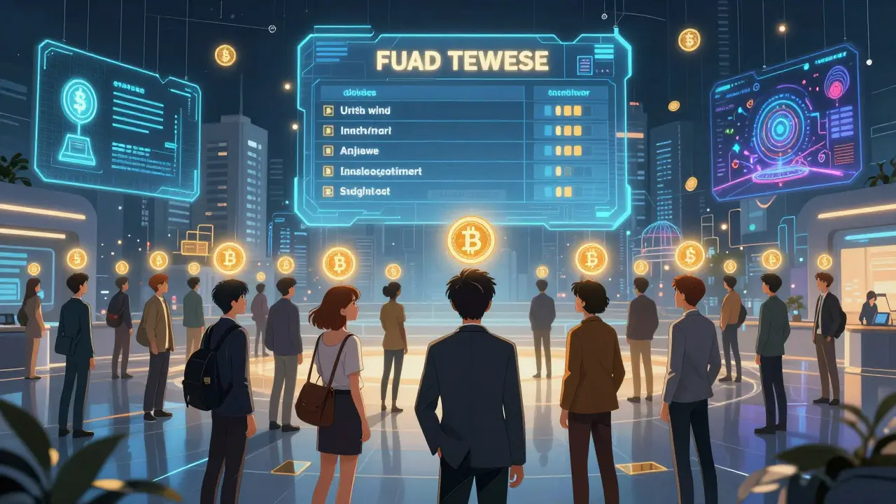 Diverse people in a digital DAO chamber watch as tokens and automated payments activate, with merged worlds of healthcare, supply chain, and gaming in the background.