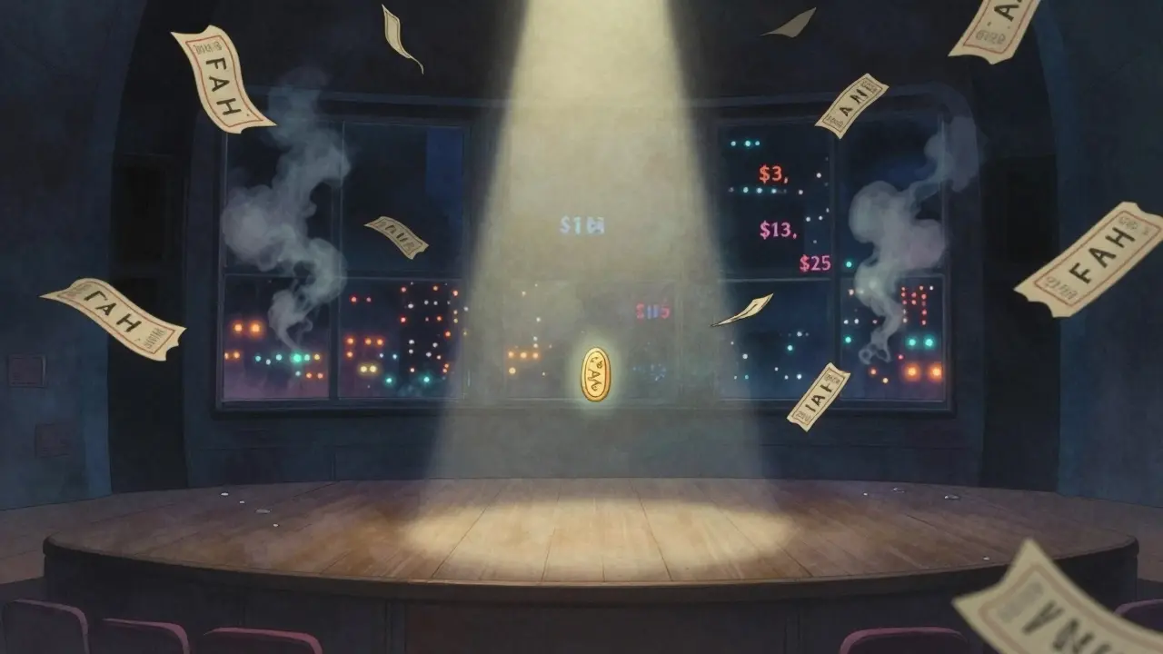 Empty concert hall with floating FAH tickets under a spotlight, fake price predictions dissolving into smoke.