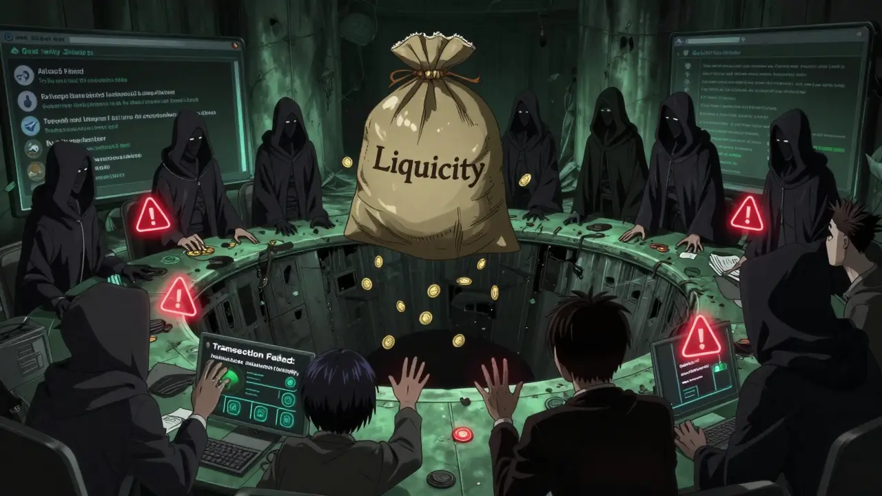 Faceless developers dump ANALOS tokens into a void as investors fail to sell on a DEX interface.