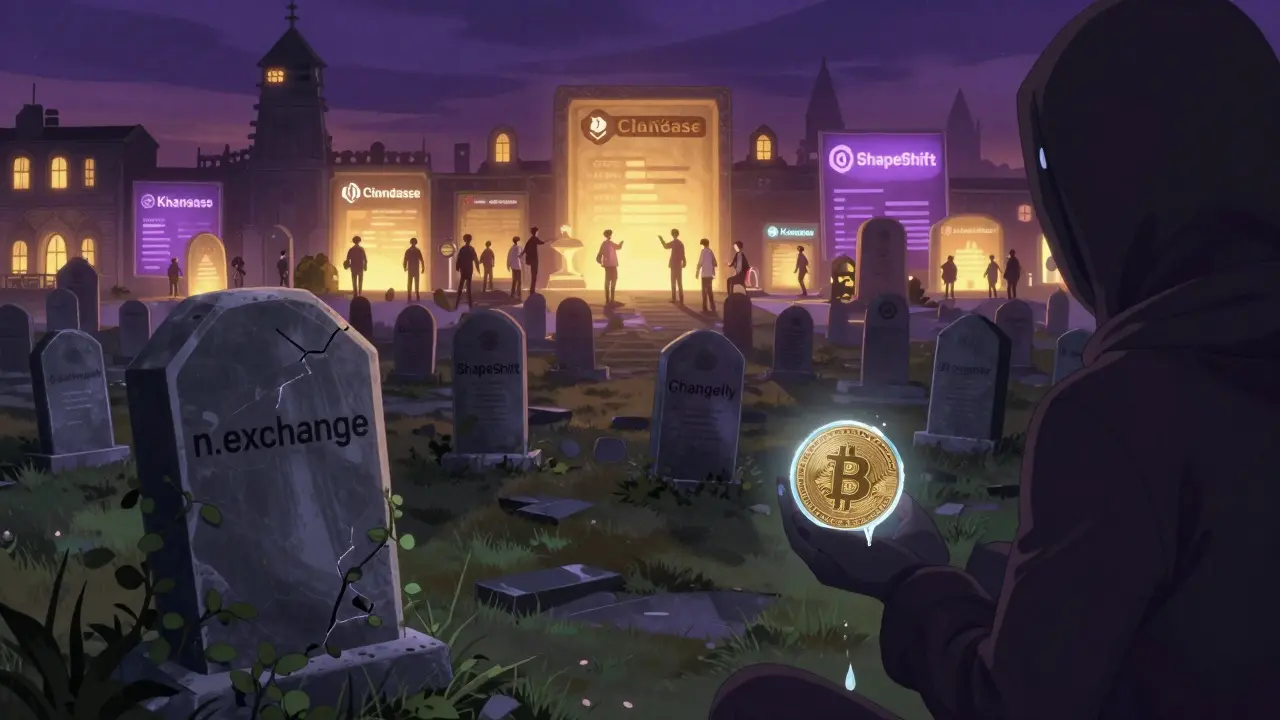 Graveyard of crypto exchanges with n.exchange's cracked tombstone, while Coinbase and Kraken glow brightly in the distance.