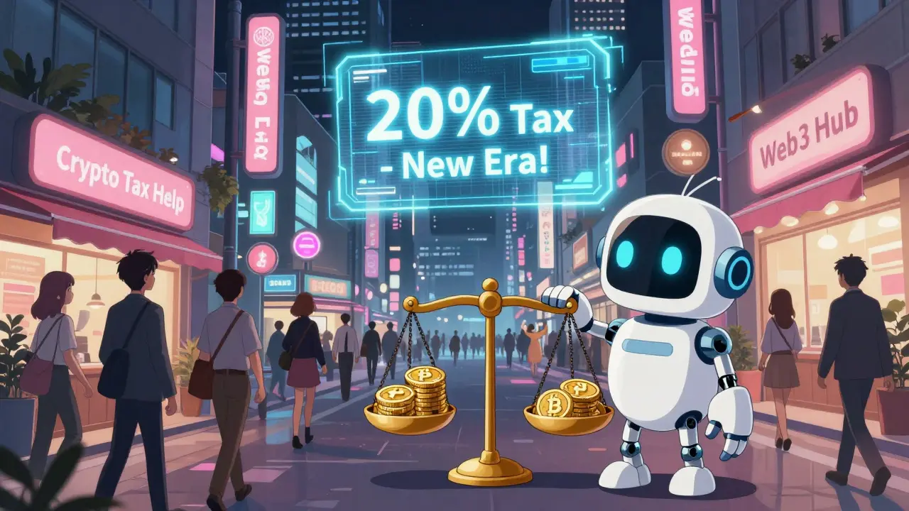 Neon-lit Tokyo with holographic crypto signs and a robot mascot balancing old tax chains and new coins.