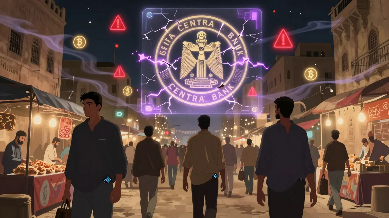 Nighttime Cairo street where people hide digital wallets as holographic bank symbols crack above.