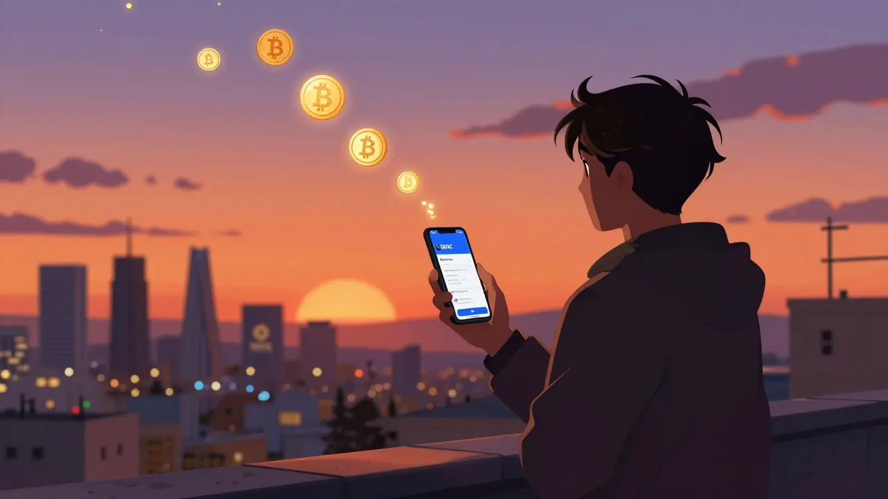 Person on Tel Aviv rooftop with Bit2C phone screen, glowing crypto coins rising into a sunset sky.