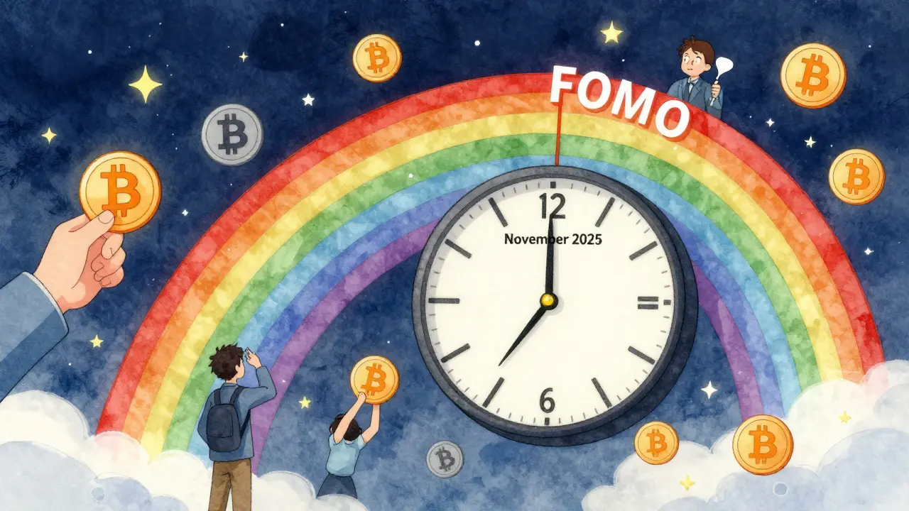 Rainbow Bitcoin chart climbing into the red FOMO zone under a ticking clock, symbols of miners and institutions around it.