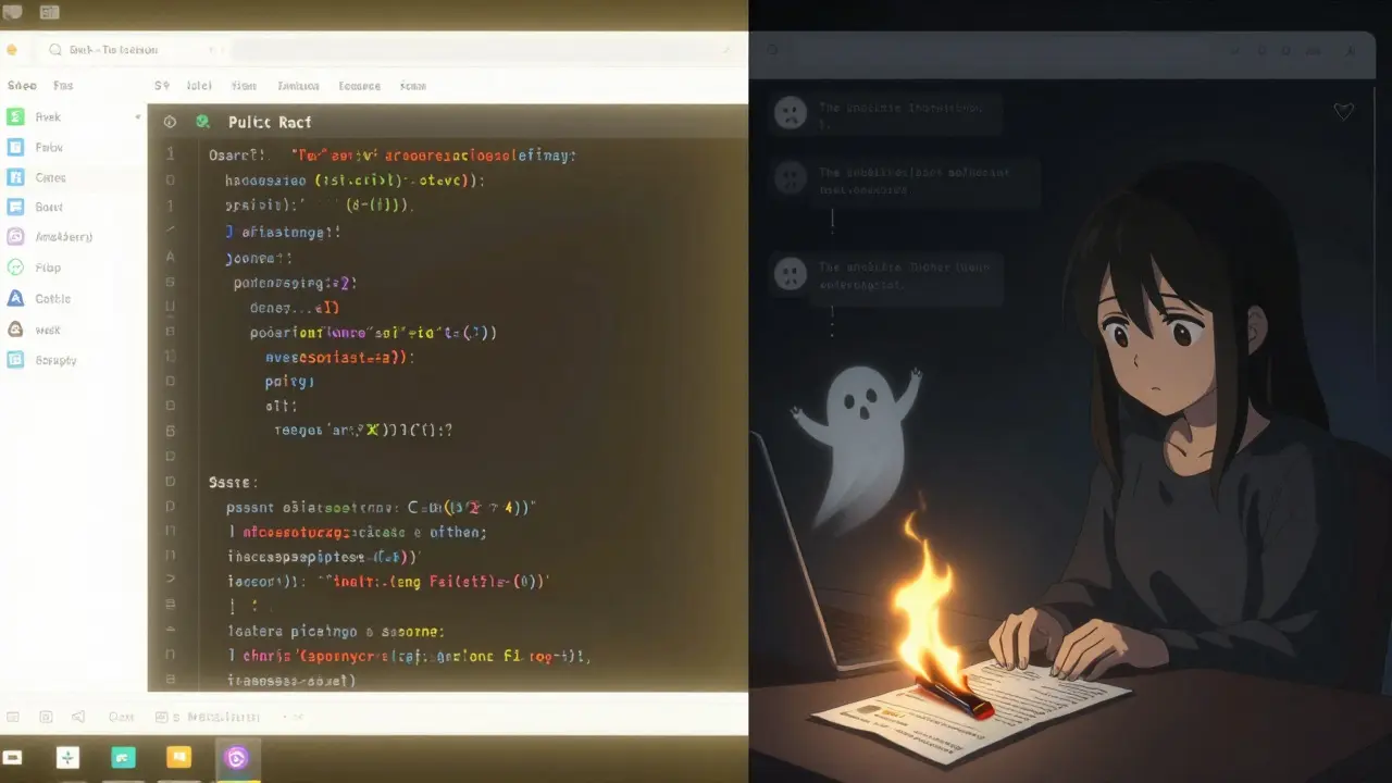Split anime scene: glowing open-source code on one side, empty support chat with burning documents on the other.