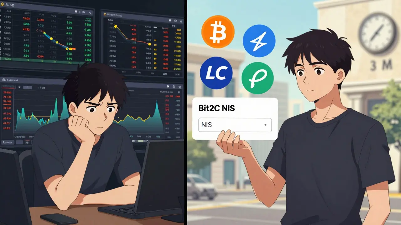 Split scene: one side chaotic global crypto charts, other side calm Bit2C NIS trading interface.