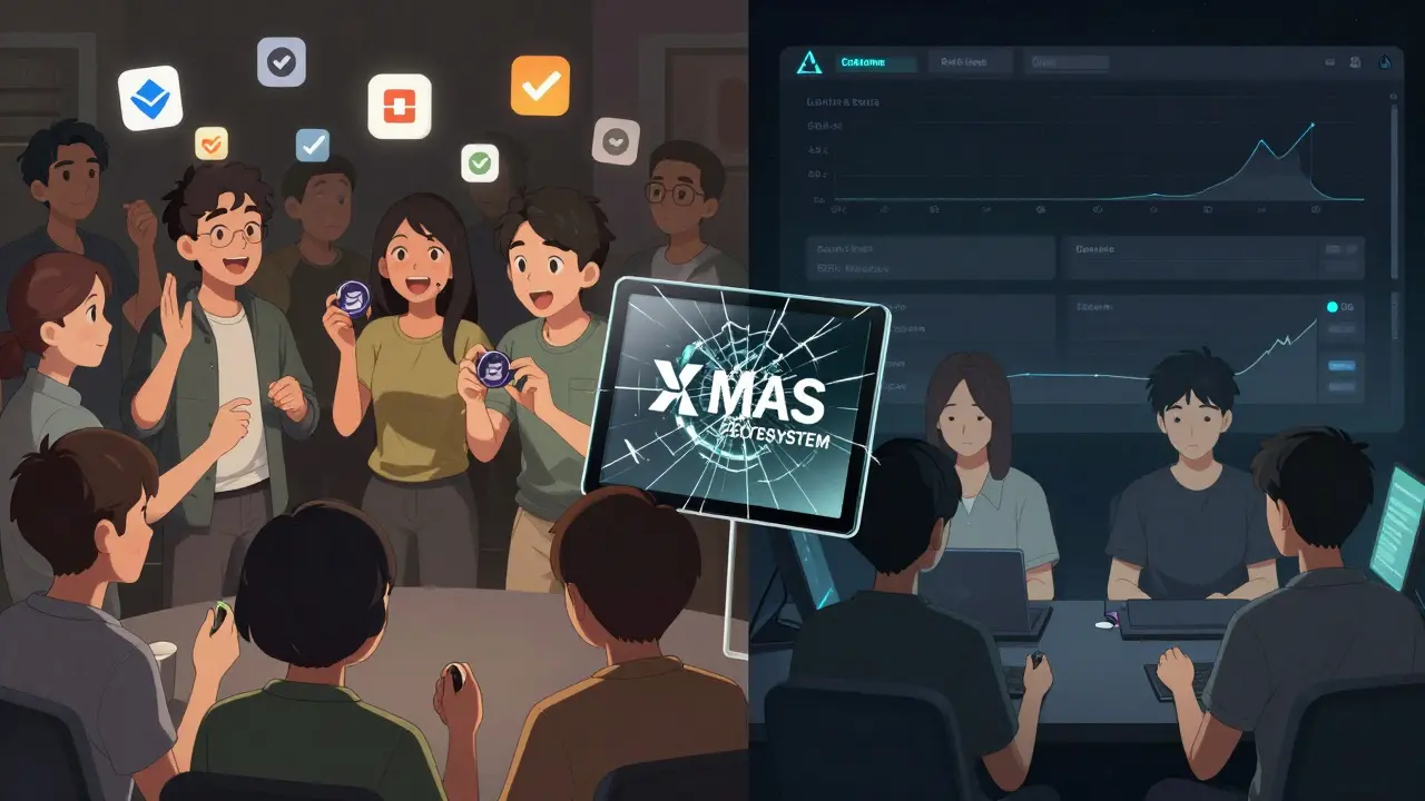 Split scene: users celebrating airdrop rewards on one side, trading low-volume XMS on the other.