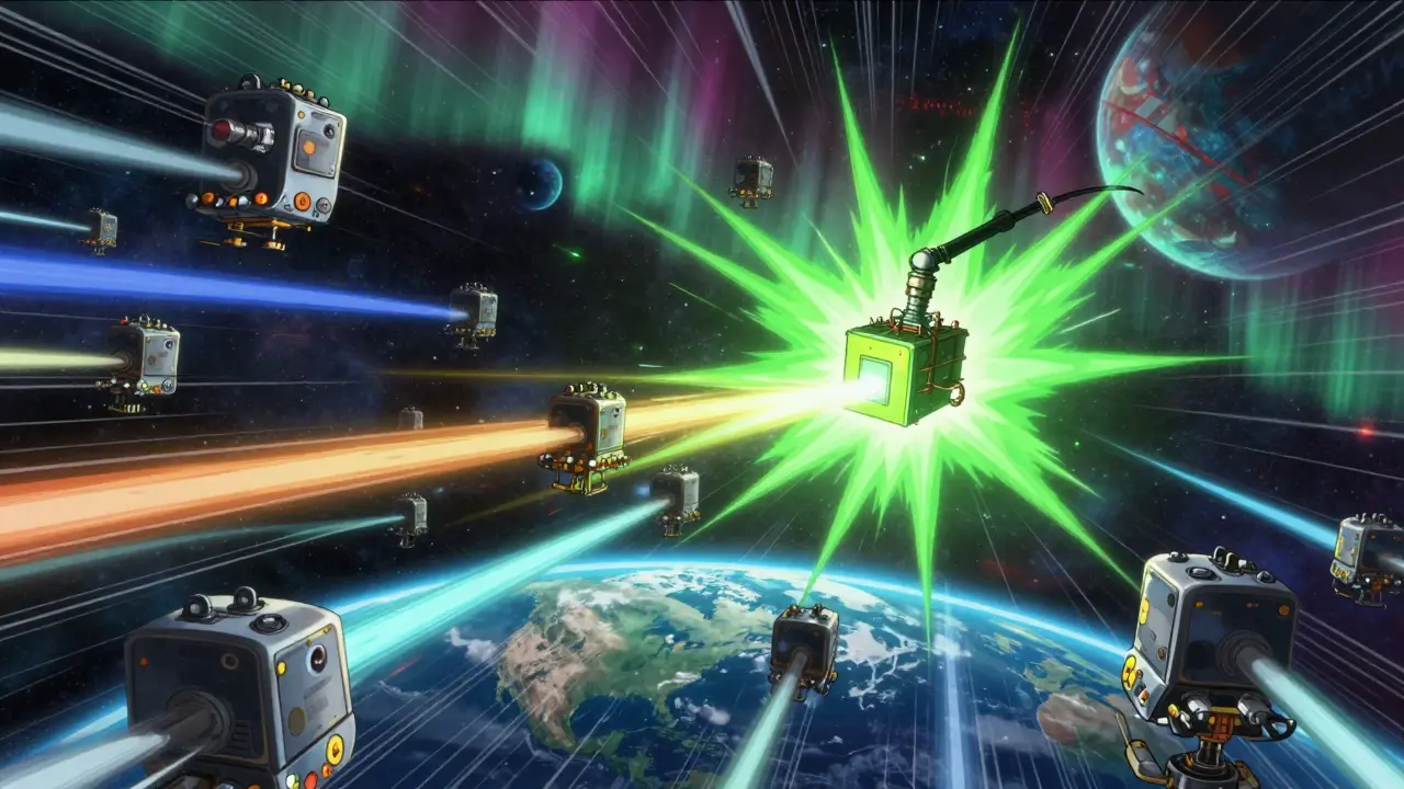 Thousands of mining rigs across space spinning nonces, one erupting in green light as a block is successfully mined.