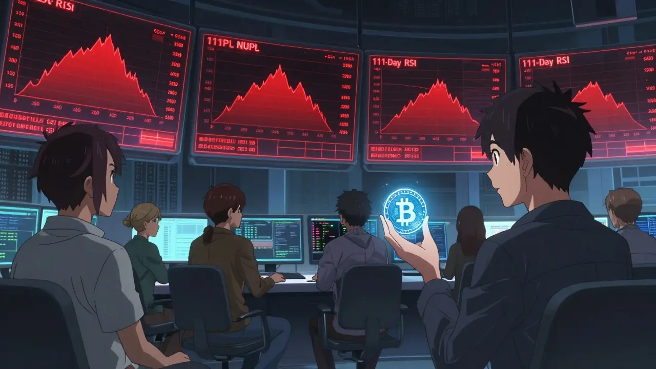 Traders in a holographic control room tense as Bitcoin metrics spike into red zones, glowing dashboards around them.