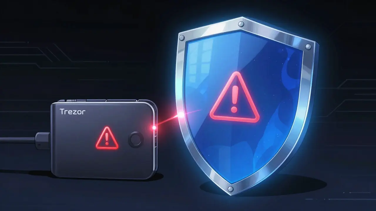 Trezor device blocking malicious contract attempt on a wallet