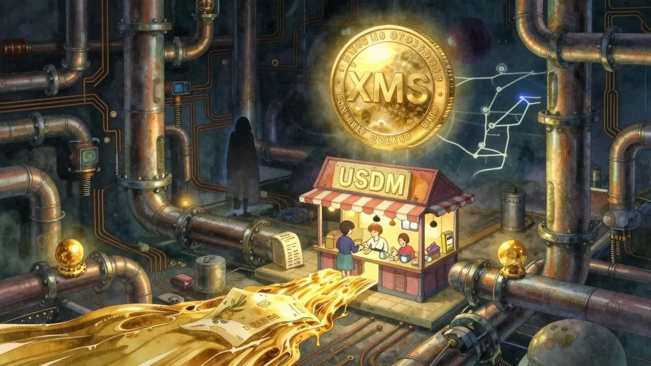 USDM stablecoins powering a merchant store, with XMS token glowing above like a celestial orb.