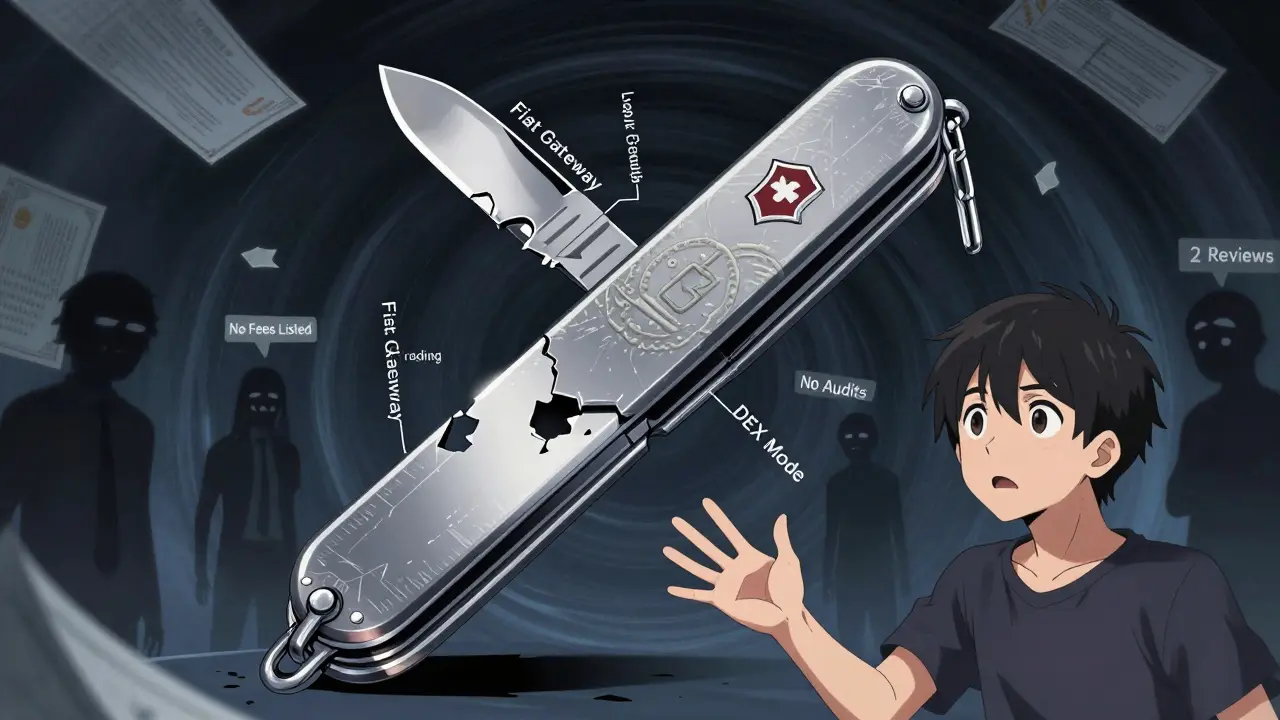 A broken Swiss Army knife made of blockchain links, with features like leverage and DEX mode dull and incomplete, surrounded by warning shadows.