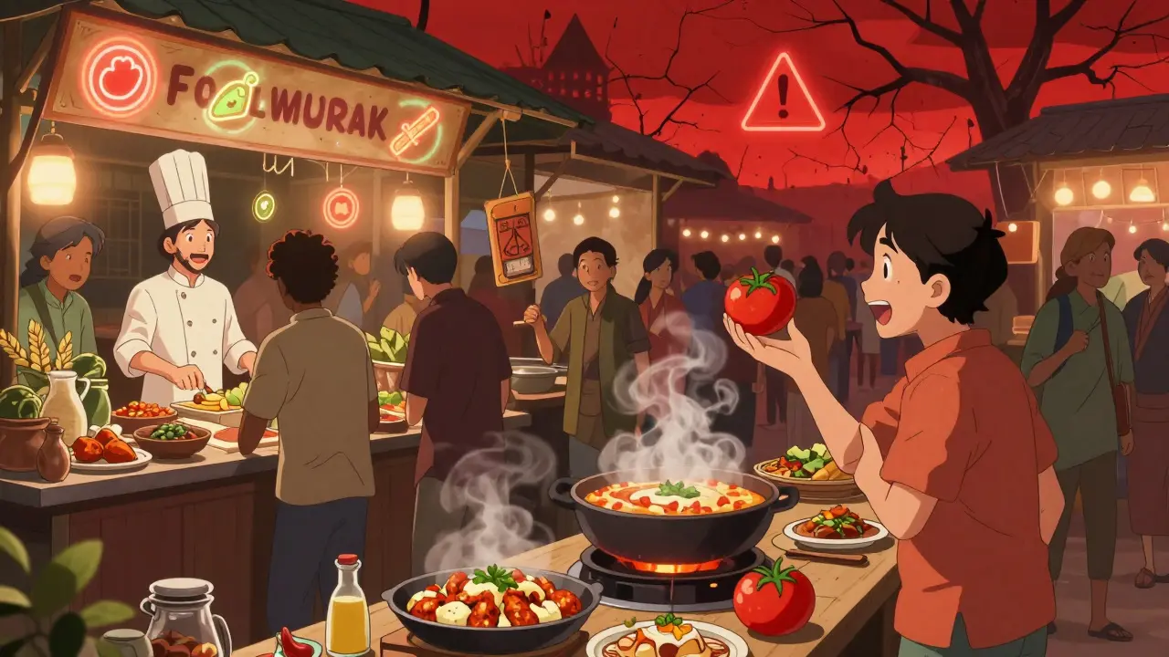 A bustling anime-style marketplace with traders exchanging rare food NFTs and chef-collab dishes under neon signs.