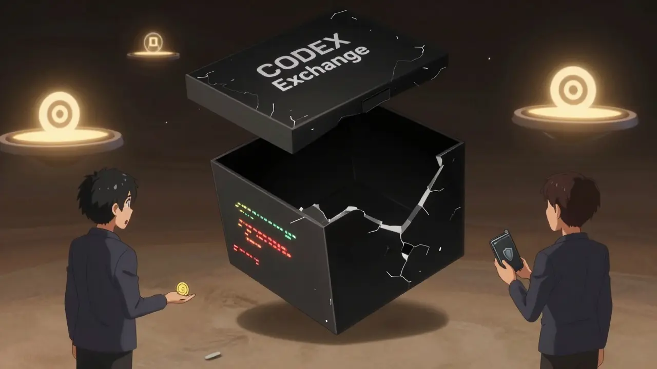 A cracked black box labeled CODEX Exchange floating in space, revealing emptiness, while users react differently nearby.