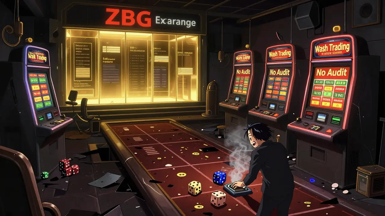 A crumbling casino symbolizes ZBG's fake trading volume, with real exchanges glowing in the distance in anime style.