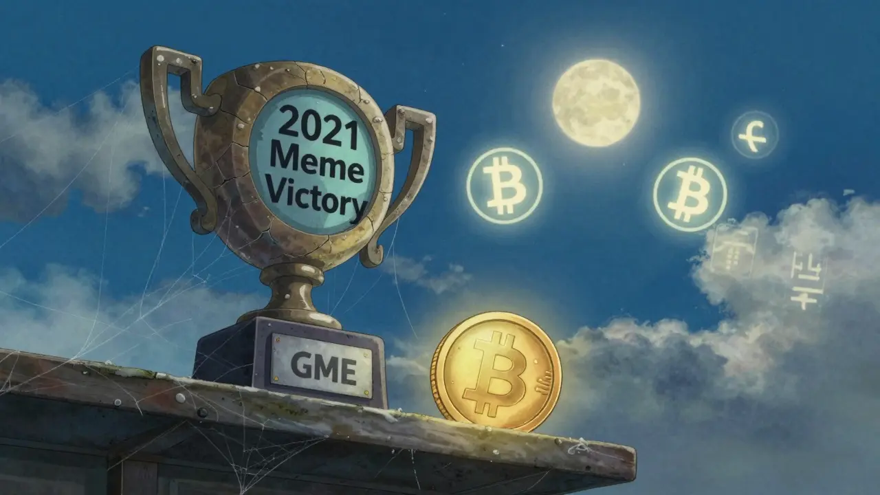 A faded GME coin on a dusty shelf beside a '2021 Meme Victory' trophy, as newer cryptocurrencies rise into the sky in anime style.