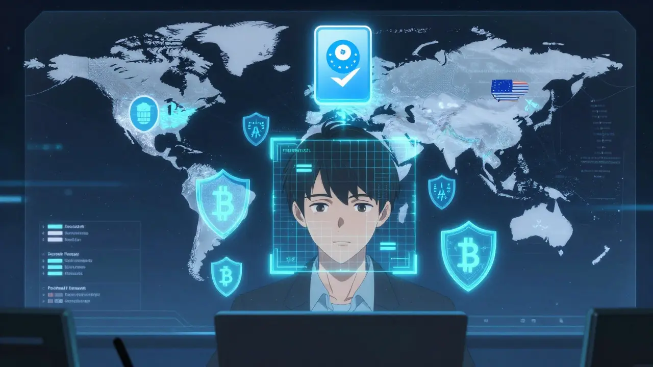 A futuristic dashboard with biometric scan and zero-knowledge proof symbols validating a user's identity.